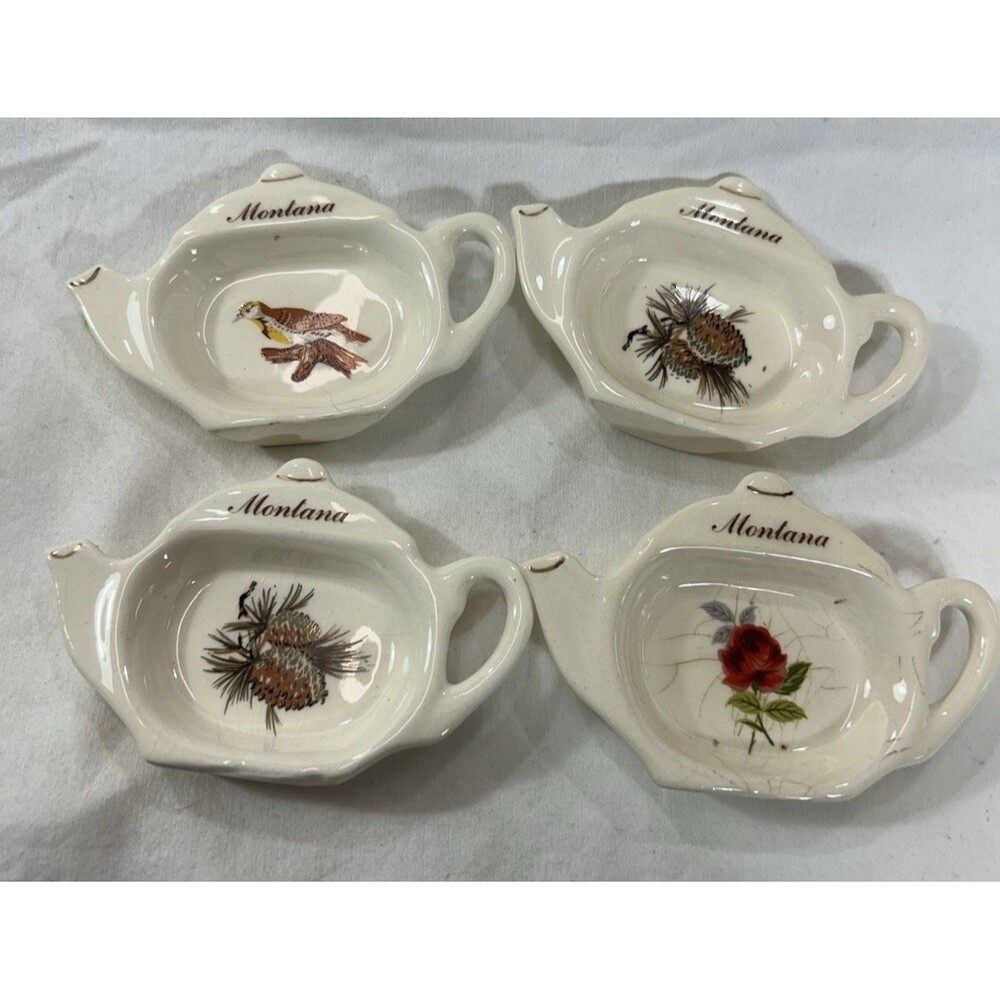 Set 4 Ceramic Teapot Tea Bag Holders Montana Birds Pinecones Flowers Tea Tidies